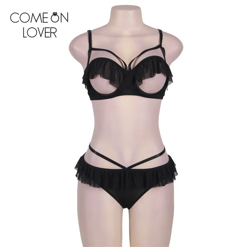 Comeonlover Black ruffle open cup sexy women underwear set fashion design bra + panty lingerie set wireless sex bra set RL80405