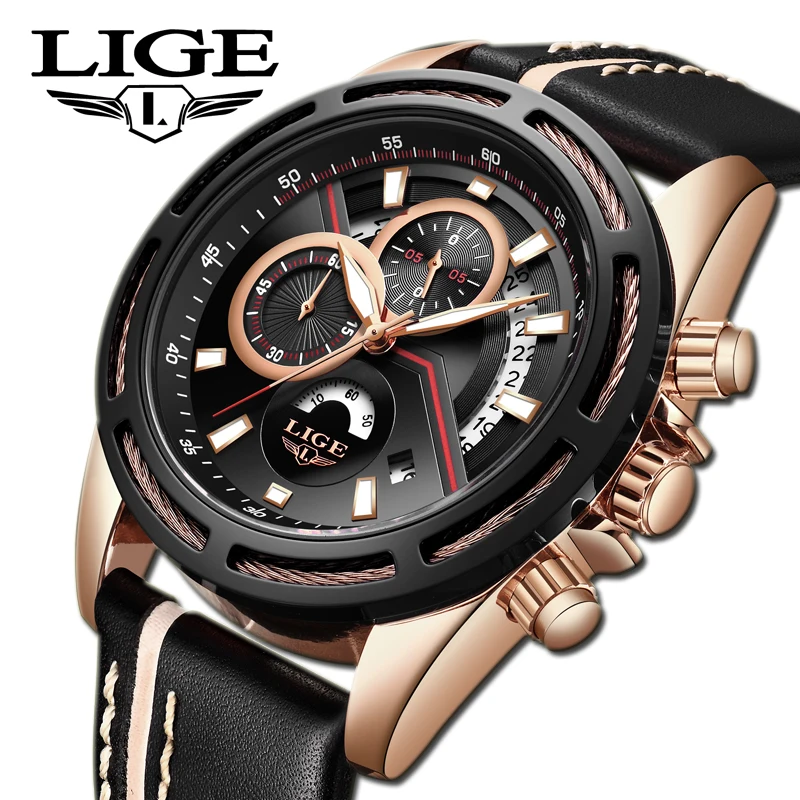 

2020LIGE New men's watch men Multifunctional leather quartz clock Luxury fashion casual waterproof watch Relogio masculino
