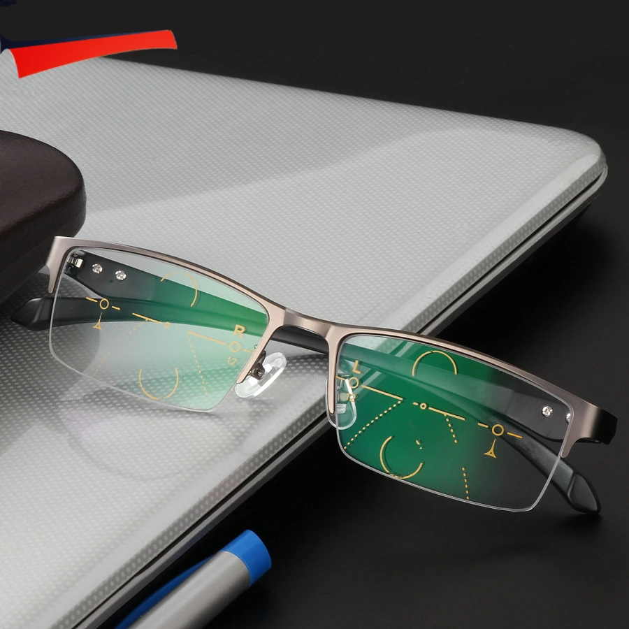 Tanie 2017 stopu tytanu jakości soczewki wieloogniskowe okulary do czytania mężczyźni moda pół obręczy progresywne okulary kwadratowe okulary dioptrii