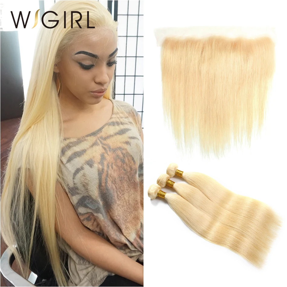 Wigirl волос 613 светлые прямые 28 дюймов бразильские волосы категории virgin человеческие волосы пряди с фронтальной 3 шт. Волосы remy и 1 шт. Кружева Фронтальные