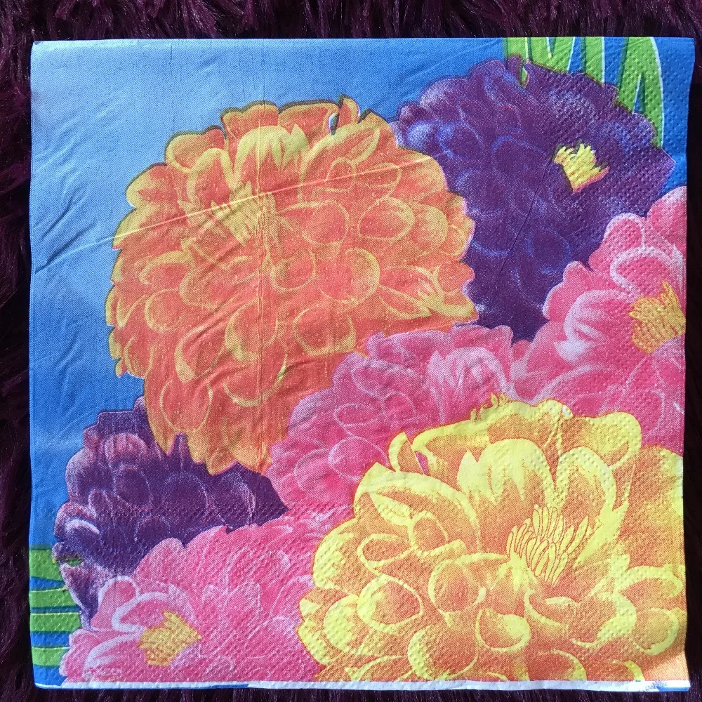 Vintage napkin paper tissue blue printed yellow purple pink flower