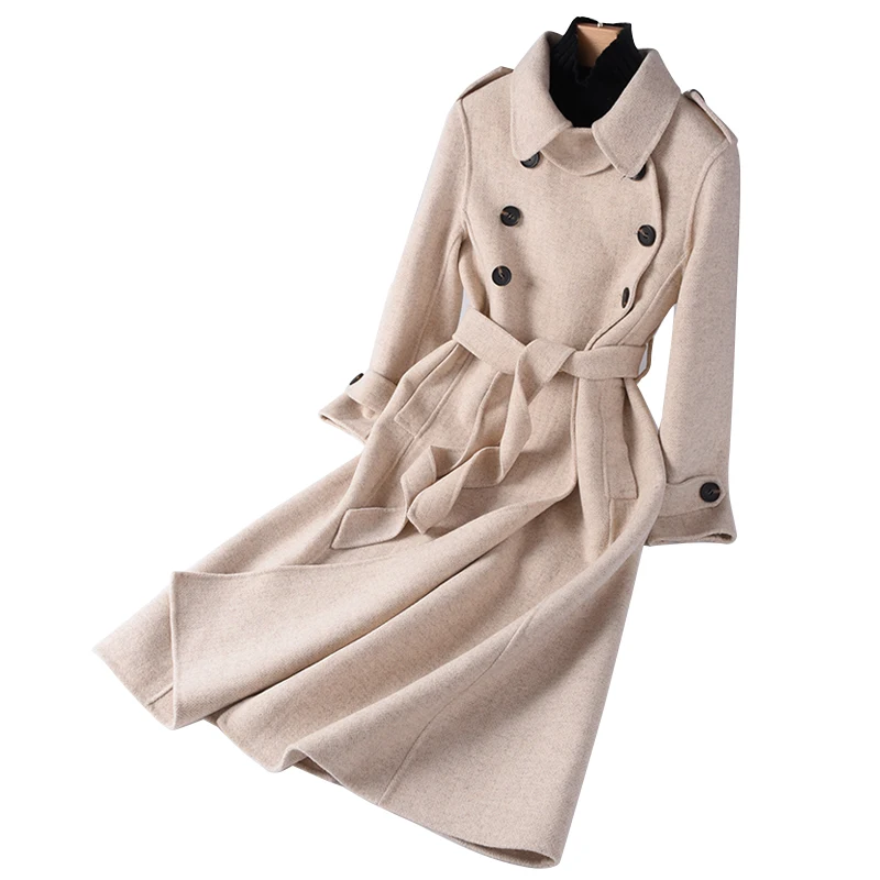 

18 Autumn and Winter New Double-Sided Coat Woman High Lapel Pure Wool Woolen Coat Long Fashion Coat Over The Knee Cardigan