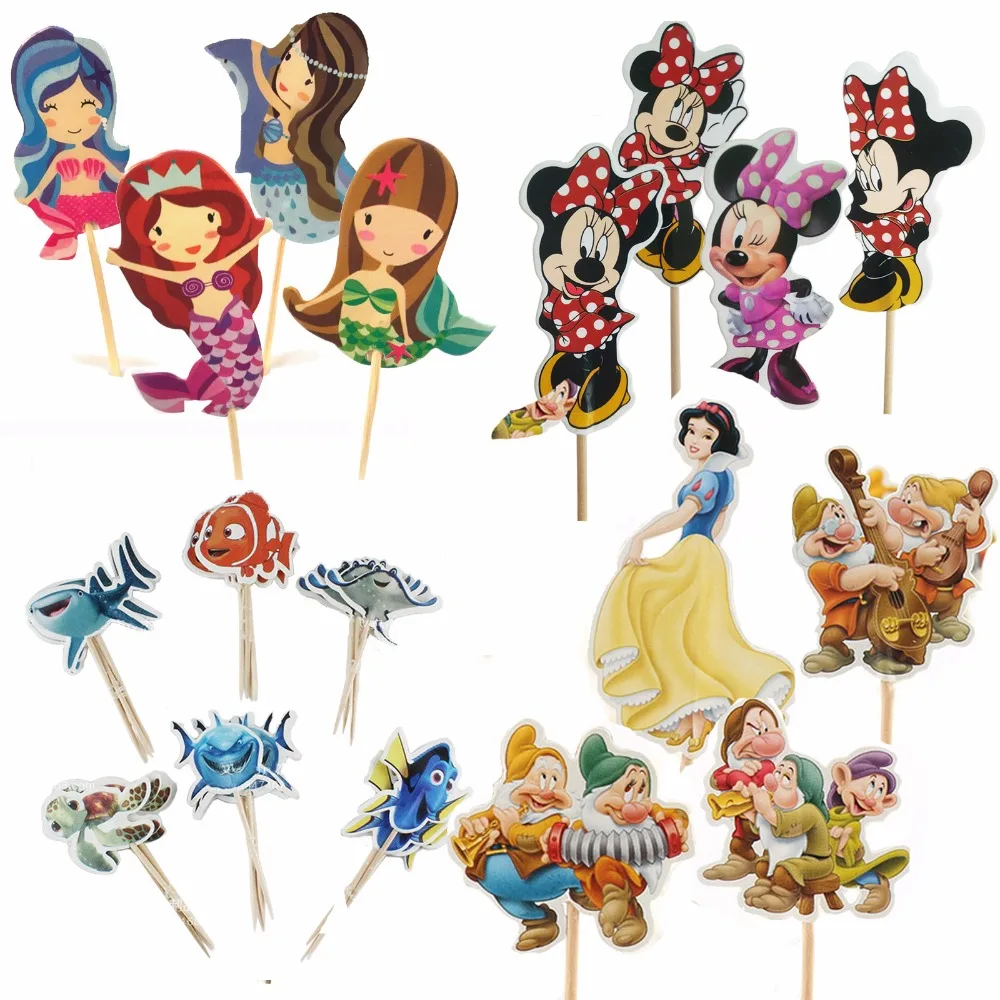 

48pcs/lot Disney Beautiful Mermaid princess Ariel cupcake toppers for kids birthday decoration party supplies cake toppers picks