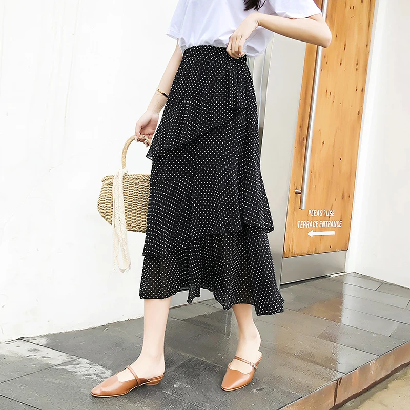 

2019 spring and summer new high waist chiffon skirt female Polka dot long irregular ruffle A Line skirts
