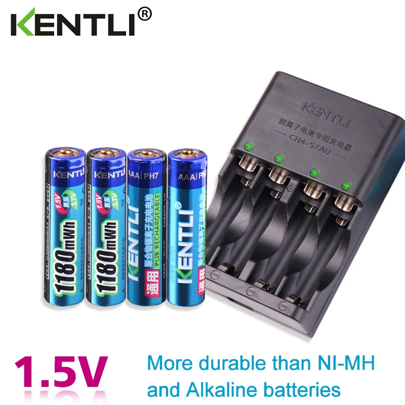 

KENTLI 4pcs 1.5v aaa 1180mWh Rechargeable Li-ion Li-polymer Lithium battery + 4 slots AA AAA lithium Smart Charger