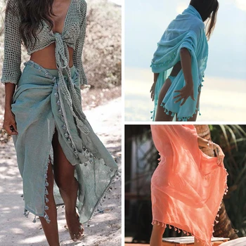 

2020 Sexy Beach Cover Ups Tassel Wrap Skirt Bikinis Swimsuit Female Swimwear Women Solid Pareo Summer Beach Wear Chiffon Sarongs