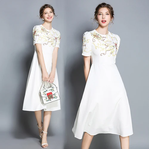 Высокое качество летнее Новое модное дизайнерское подиумное Платье женское белое с коротким рукавом с цветочной вышивкой повседневное винтажное платье S-XXL - Цвет: picture color