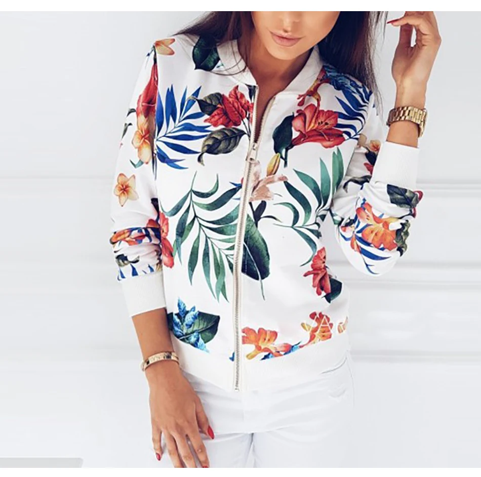 Women's Retro Floral Print Thin Zipper Jacket Model White