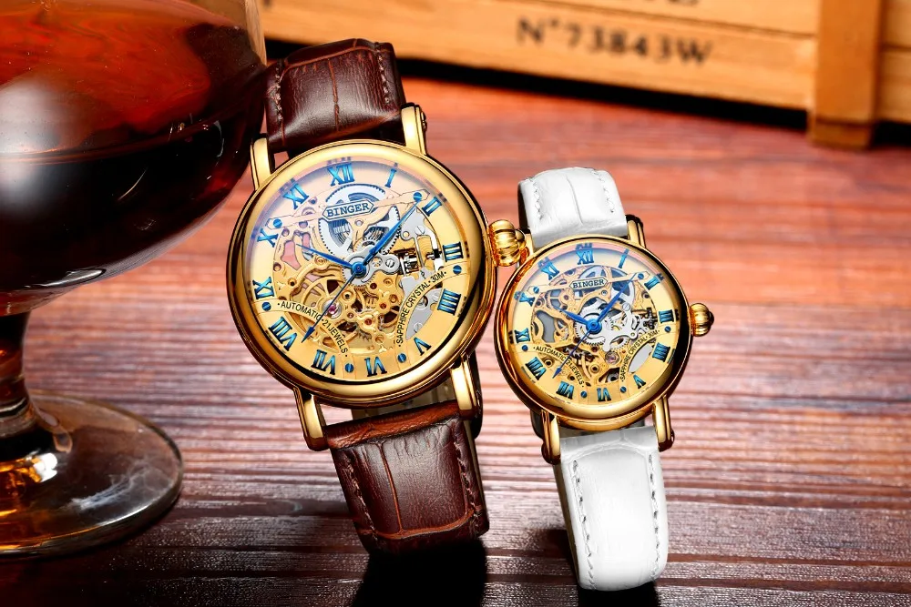 BINGER Luxury Gold Automatic Watches Skeleton Fashion Business Watch Men Mechanical Wristwatch Full Steel relogio masculino