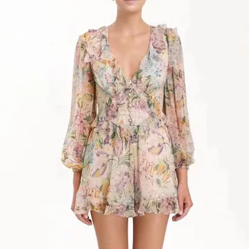 

New Collection Women's Playsuits Sexy V-neck Ruffles Chiffon Buttons Beach Clothing Holidays Bodysuits Ladies Romper Jumpsuits