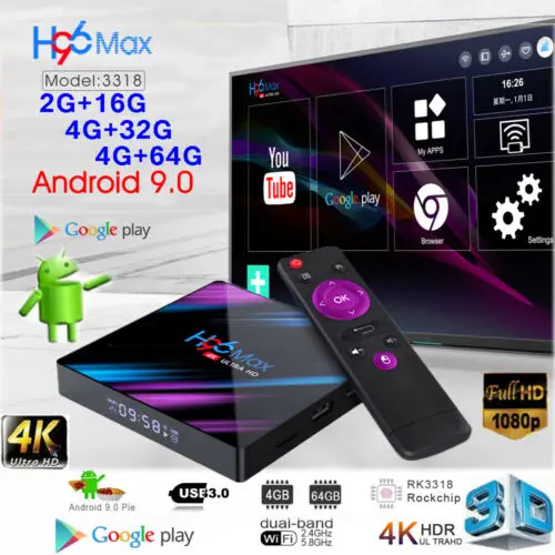 Latest H96 MAX Android 9.0 Smart TV BOX 4GB+64GB Bluetooth 4K Quad Core WiFi Netflix Youtube Google Play Home Audio Media