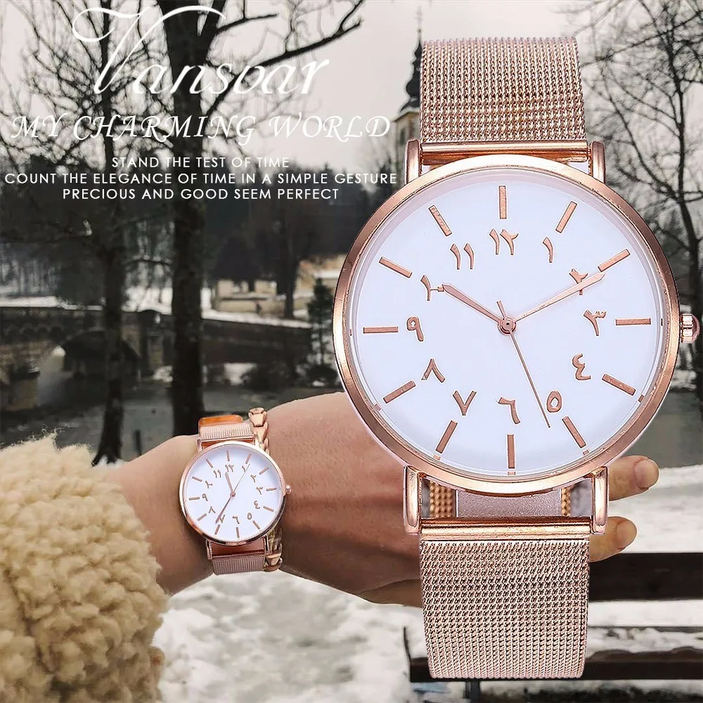 

Vansvar Brand Fashion Women Arabic Numbers Watches Casual Stainless Steel Mesh Belt Quartz Wristwatches Relogio Feminino Hot