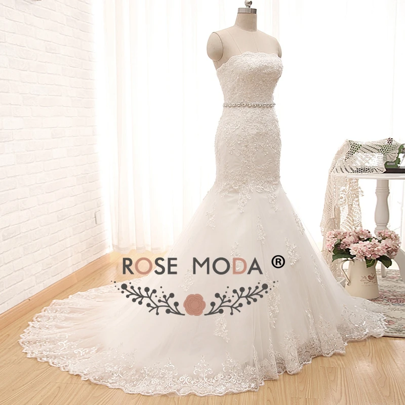 Роза Moda без бретелек плюс Размеры Русалка свадебное платье Кружево Свадебные платья Кружево на спине реальные фотографии