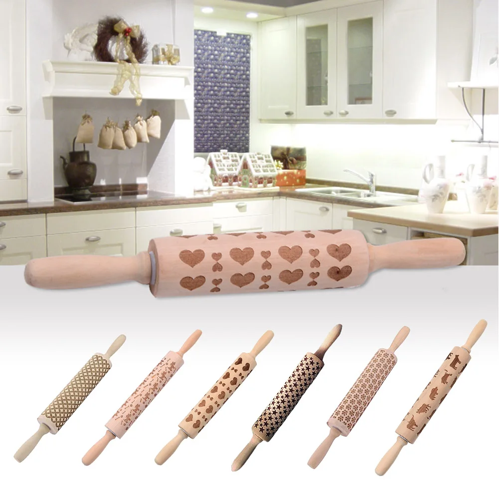 Christmas Snowflake Embossing Rolling Pin Gingerbread Baking Cookies Wooden Noodle Biscuit Fondant Cake Dough Patterned Roller