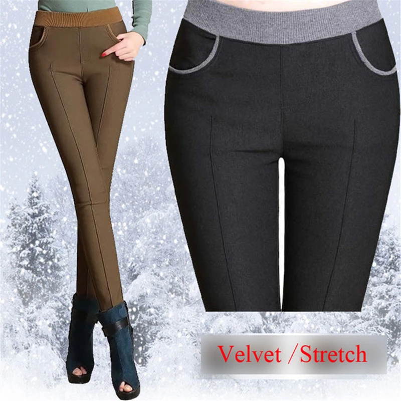 S 6XL 2017 Winter New Skinny Thick With Velvet Fleece High Waist Elastic Stretch font b