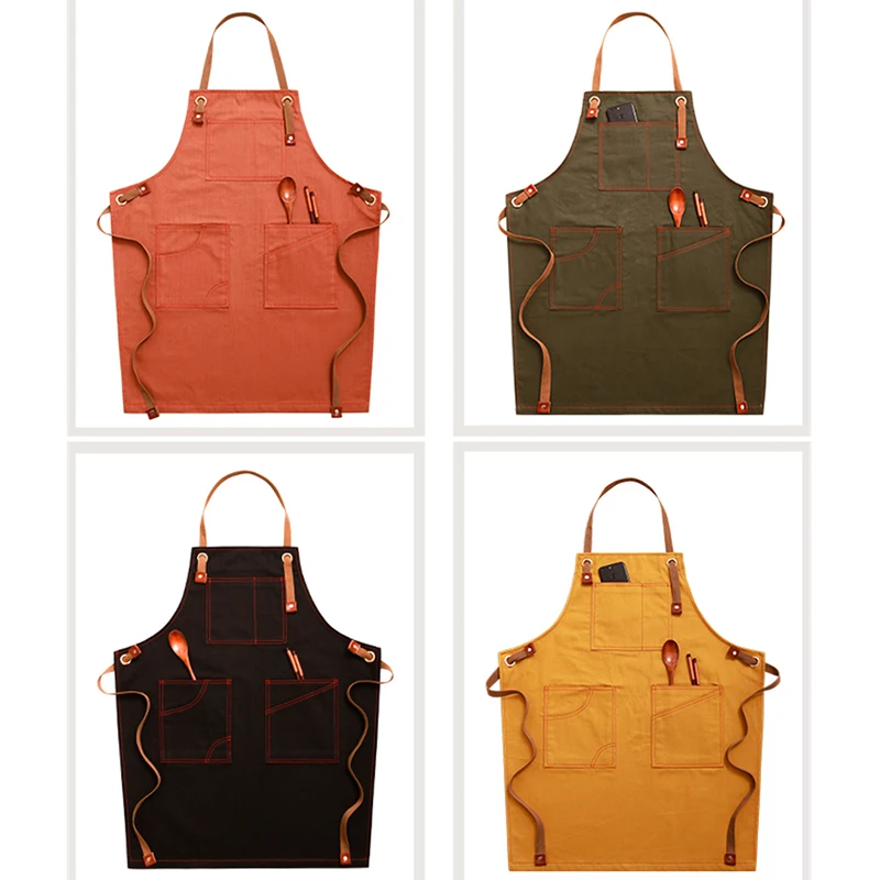 Canvas Bibs Aprons for Women Men Leather BBQ Chef Home Kitchen Dress Barber Hairdres Cafe Cook Waiter Custom logo Pinafore Gift