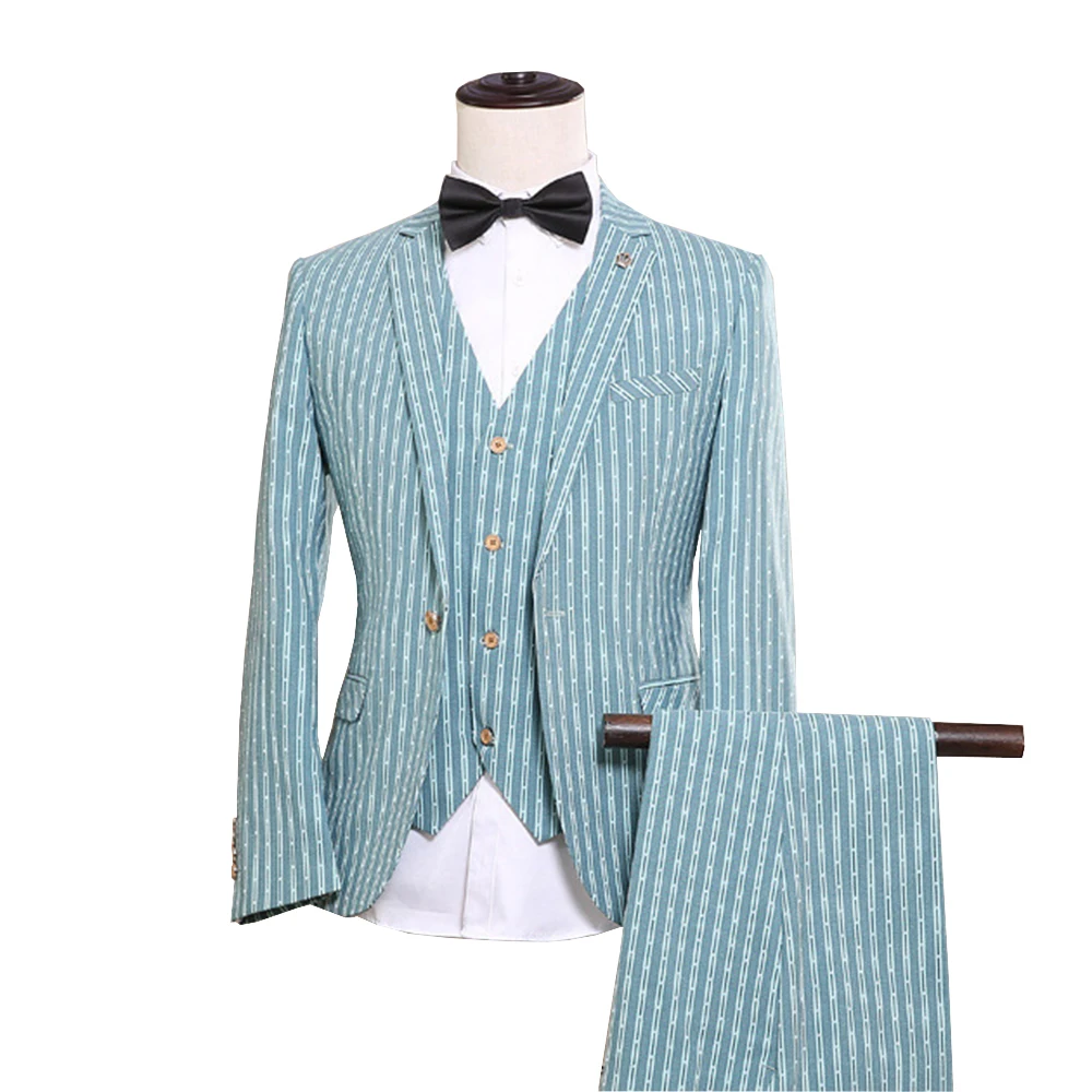 

JinXuanYa Brand Men's Three Piece Set blue Stripe Dress Suits Wedding Suits For Men Tuxedo Gentle Modern Blazer Men Suits.
