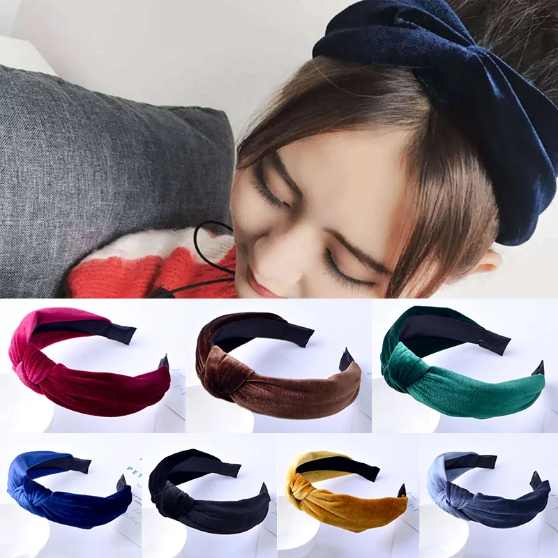 

Sale Women Hair Band Gold Velvet Cross Fashion Wide Side Bandage Turban Retro Twist Velvet Solid Color Headband