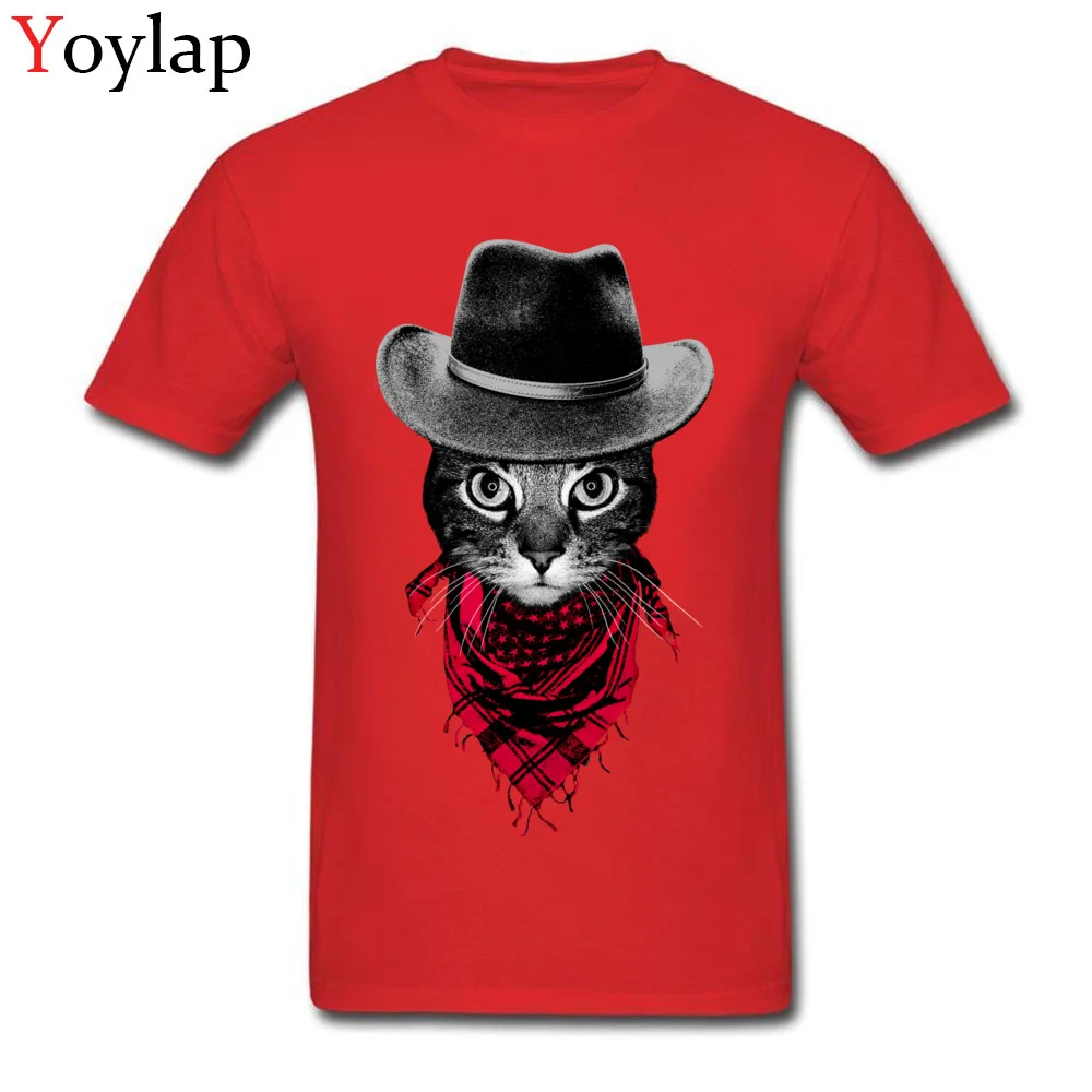T-shirts Short Sleeve Casual New Arrival Cowboy Cat Crewneck 100% Cotton Mens Summer Autumn Tops Shirt Casual Clothing Shirt red
