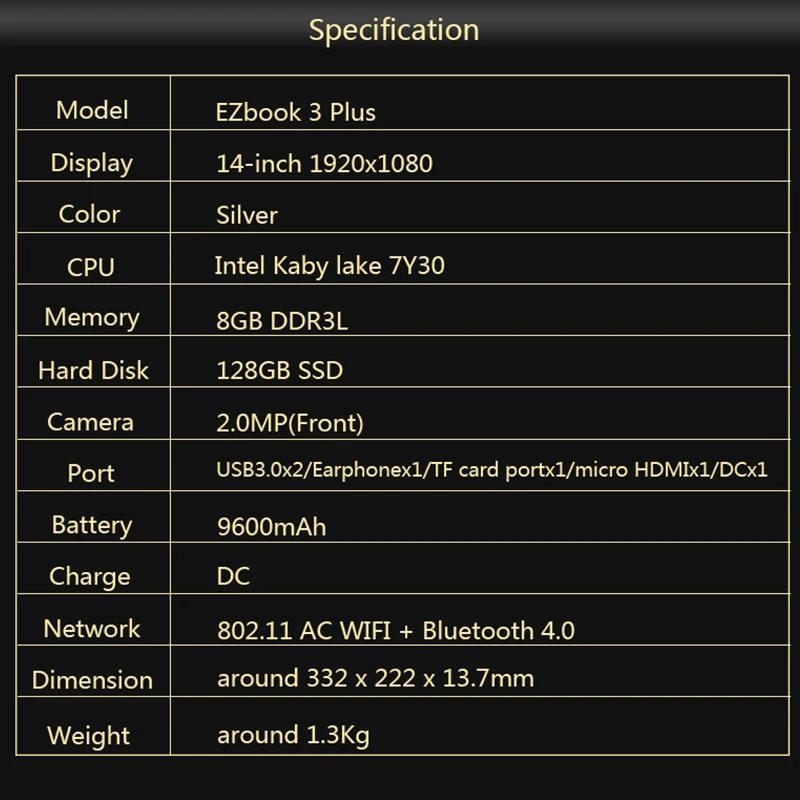 14 &quot1080 P ноутбука джемпер ezbook 3 Plus Notebook Intel Core M 7Y30 8 г DDR3L 128 SSD ультрабук