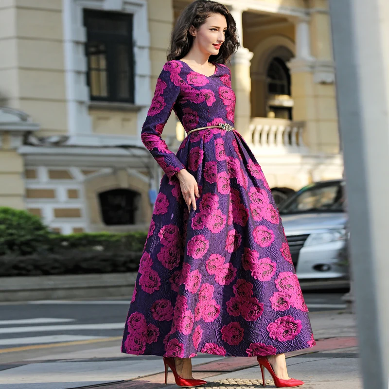 Lange Mouw Lange Maxi Herfst Winter Dress Party voor Vrouwen Boho Bloemen Jacquard Jurk Mode Lange Mouw Lange Maxi Herfst Winter Dress Party voor Vrouwen Boho Bloemen Jacquard Jurk Mode