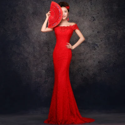 Robe de soiree красный букет вечернее платье с открытыми плечами рыбий хвост на шнуровке vestido de festa платья для выпускного вечера на заказ - Цвет: red trailing style