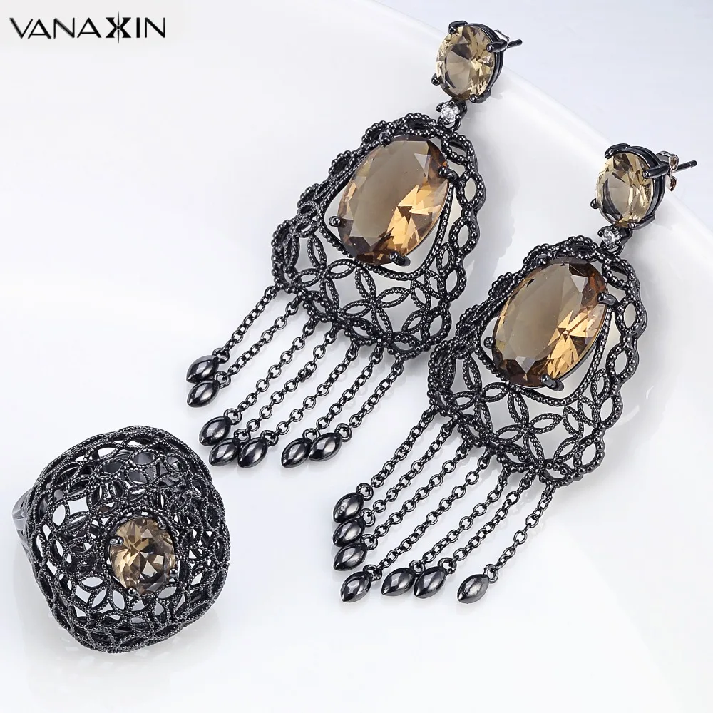 

VANAXIN Coffee Cubic Zirconia Jewelry Set For Women Drop Earrings&Ring For Girls Charms Party Engagement Jewellery Brinco Garnet