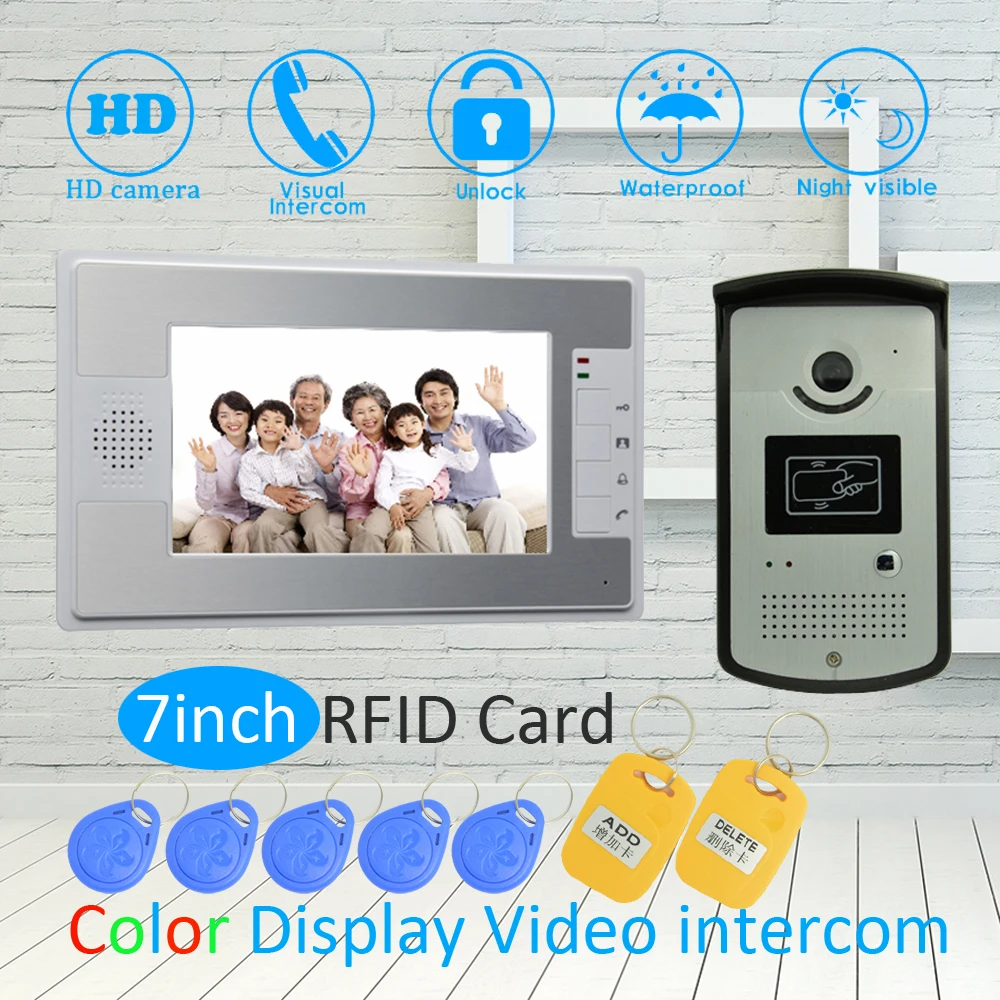

(1 SET) 7 Inch LCD Monitor RFID Unlock Function HD Night Vision IR Camera Video Door Phone System Doorbell Intercom