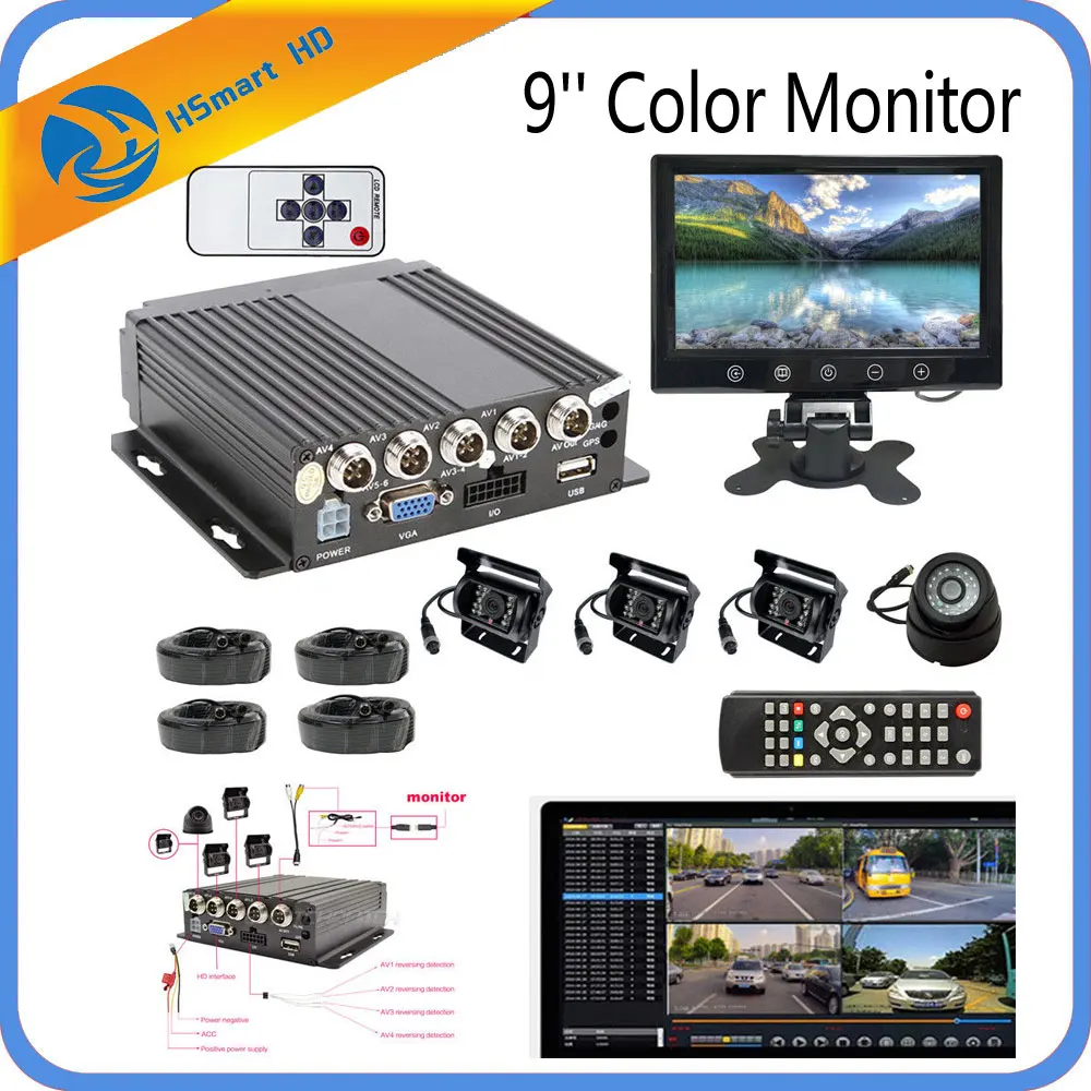 

9'' Headrest TFT LCD Color Monitor 4Ch Vehicle Car 3G GPS Mobile DVR Video Recorder + 4 AHD 1200TVL Camera Cable Remote Kit