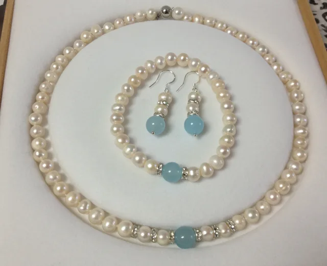 New 7 8mm White Pearl Aquamarine Necklace Bracelet Earring Set In New 7 8mm White Pearl Aquamarine Necklace Bracelet Earring Set
