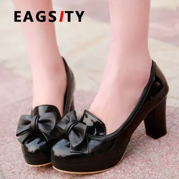 

EAGSITY Patent leather high heels shoes pumps platfrom square heel office ladies dress shoes dancing wedding party