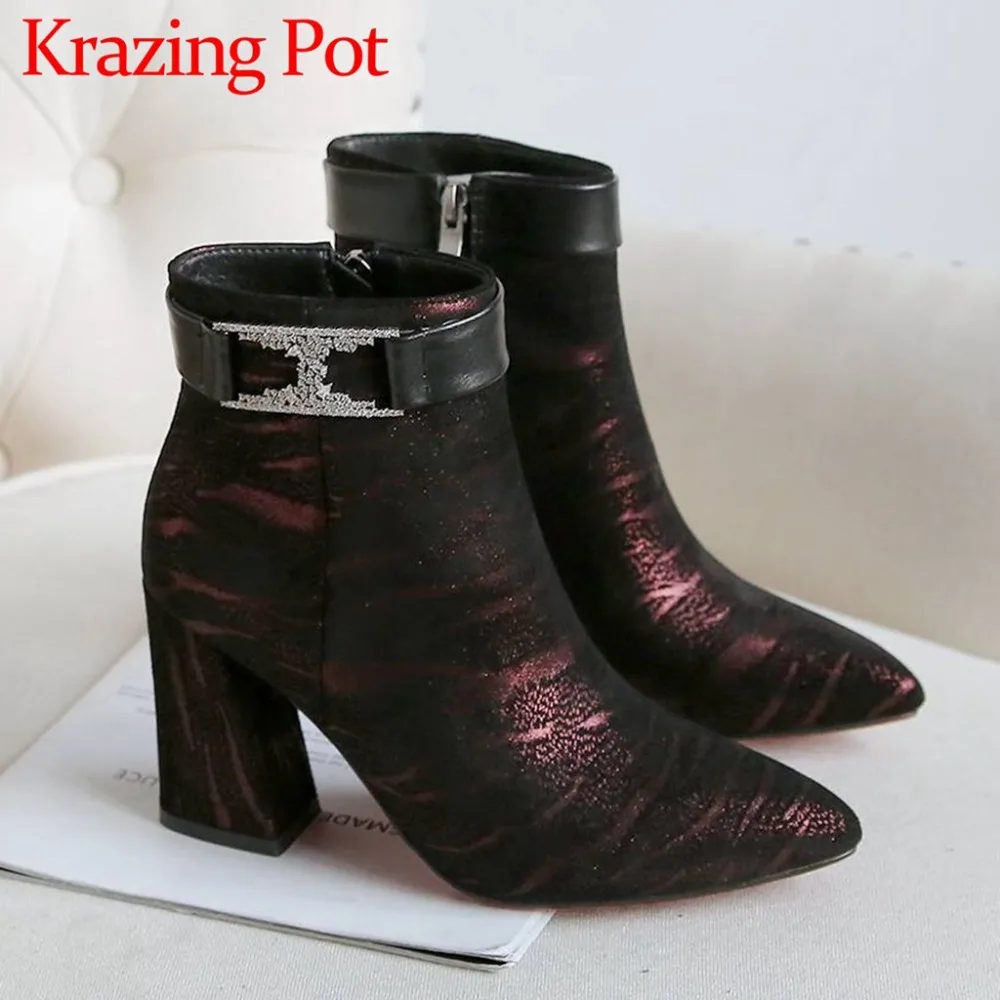 

2018 High quality mixed colors retro metal decoration oxford pointed toe high thick heels genuine leather short ankle boots L18