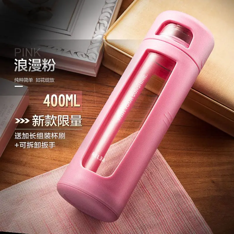 Портативный термостойкий стеклянный внутренний бак бутылка фильтр из нержавеющей стали Колба для офиса путешествия чай кофе стаканы для сока колбы BPA бесплатно - Цвет: 400ml pink bottle