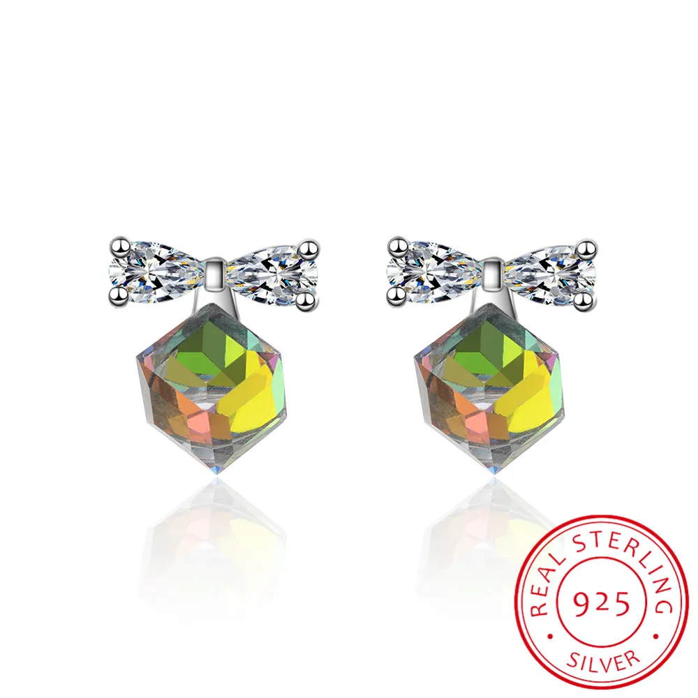 

LEKANI Genuine 925 Silver Cube Crystals From SWAROVSKI Stud Earrings Zirconia Stone Fashion Bowknot Jewelry For Women Girls Gift