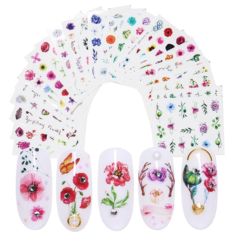 

24 Pcs/Set Nail Stickers Water Decals Colorful Butterfly Flower Cactus Patterns Transfer Sticker Nail Art Decoration