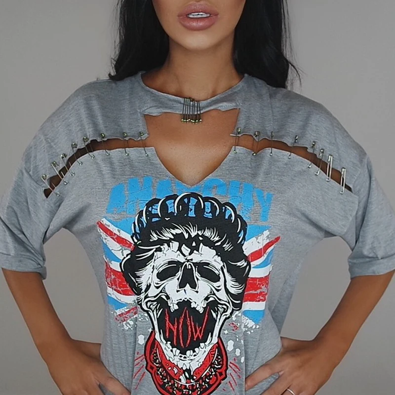 Women Sexy V-neck Punk Long T Shirt Tops 2017 New Style Skeleton Pin Street Rock T-shirt Casual Tshirt Tumblr