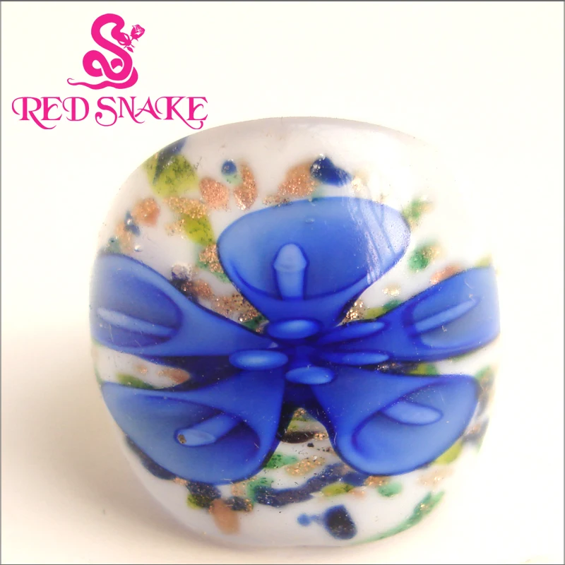 

RED SNAKE Fashion Ring Handmade White background with Dark Blue jacinth Morning glory flower drawing opaque Murano Glass Rings