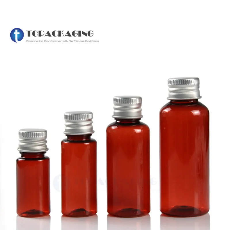 

100pcs*10/20/30/50ML Screw Cap Bottle Amber Plastic Cosmetic Shampoo Container Empty Lotion Shower Gel Refillable Aluminum Lid