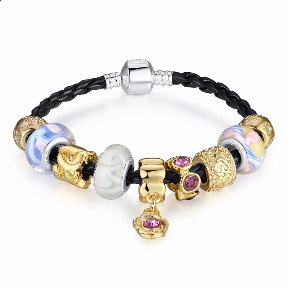 Asian 925 Silver Leather Charm Bracelets Bangles For Women With Asian 925 Silver Leather Charm Bracelets Bangles For Women With Murano Gl Beads Gold Diy Birthday Gift Pa1420 In From Jewelry