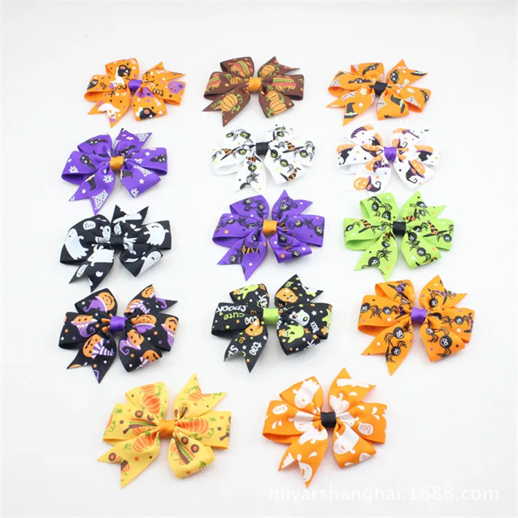

50PCS Halloween hair bows clip spook Hair Tie Rope Band cartoon 3" pumpkin chevron Hair bobbles Elastic Hair Band HD3408