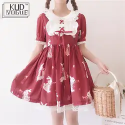 Лолита платье сладкий кролика милые японские Kawaii для девочек принцесса горничной Винтаж Готический печатных кружева белый красный летняя
