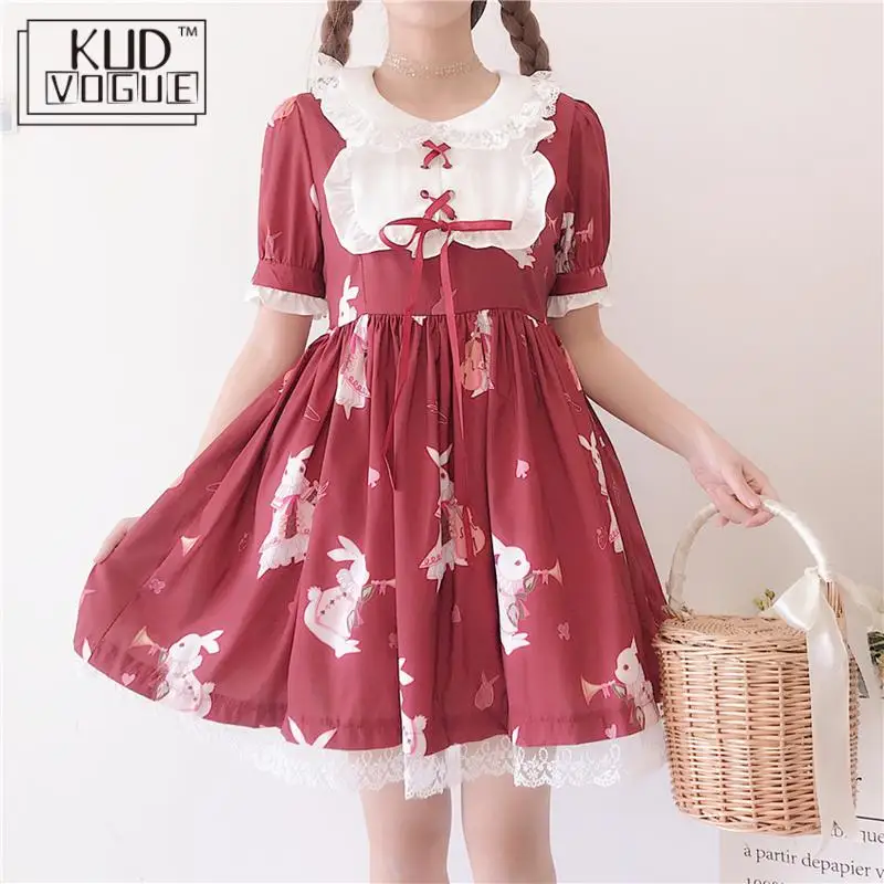 

Lolita Dress Sweet Rabbit Cute Japanese Kawaii Girls Princess Maid Vintage Gothic Printed Lace White Red Summer Skirt 8446