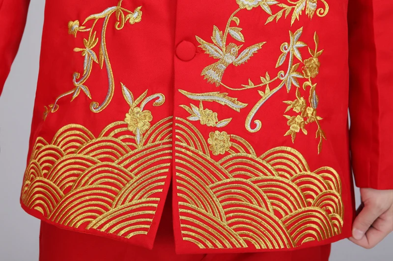 Мужское вышитое традиционное китайское свадебное платье одежда красный длинный рукав сценические костюмы винтажная одежда Куртка Топы