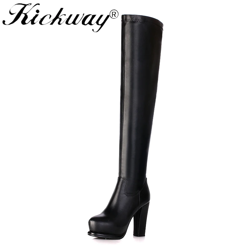 

Kickway Fashion Women Boots Pointed Toe Genuine Leather and Flock Zip Ladies Boots Thin Heel Super High Sexy Over The Knee Boots