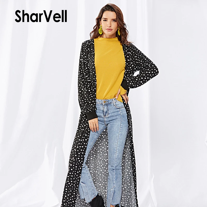 Sharvell Women Open Stitch Sweater Fashion Knitted Dot and Striped Windbreak Full Sleeve V-Neck Cardigans Long Coat Streetwear |