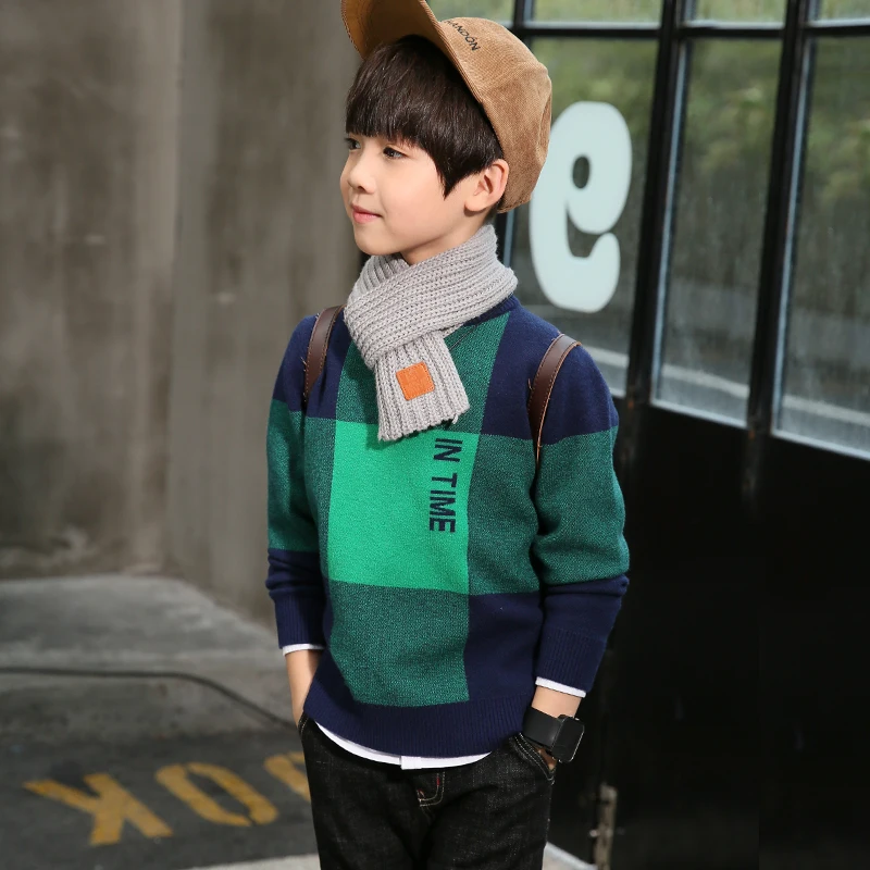 

YAUAMDB kid sweater 2017 autumn spring 6-17Y boys cotton pullover children plaid O-Neck casual warm long sleeve clothes y66
