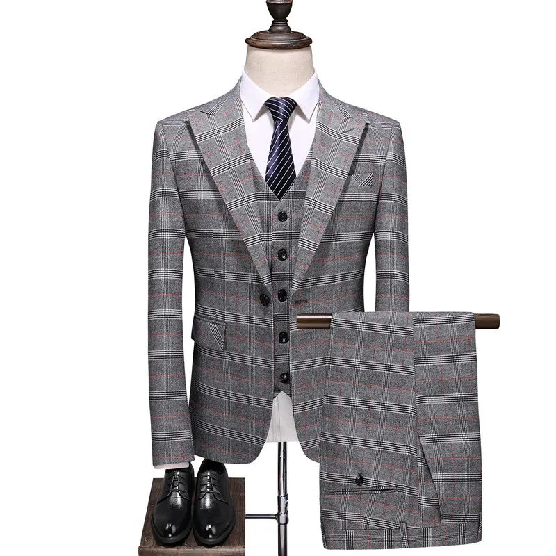 39.1      3??109Men`s light gray check suit men`s classic formal business suit wedding banquet men`s suit three-piece jacket  pants  vest