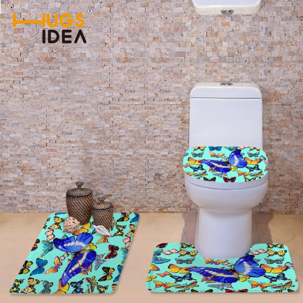 HUGSIDEA Blue Funny Butterfly Ladybug Toilet Seat Cover Mat 3 Piece Set Warmer Soft Bathroom