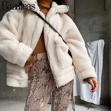 Bazaleas овечья шерсть кашемир модная мягкая женская куртка с карманами harajuku пальто с отложным воротником теплые куртки женские повседневные