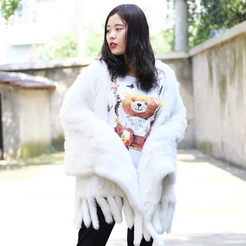 

CX-B-14G Autumn Winter Real Knitted Rabbit Fur Poncho Wrap Scarves Women Rabbit Fur Shawl